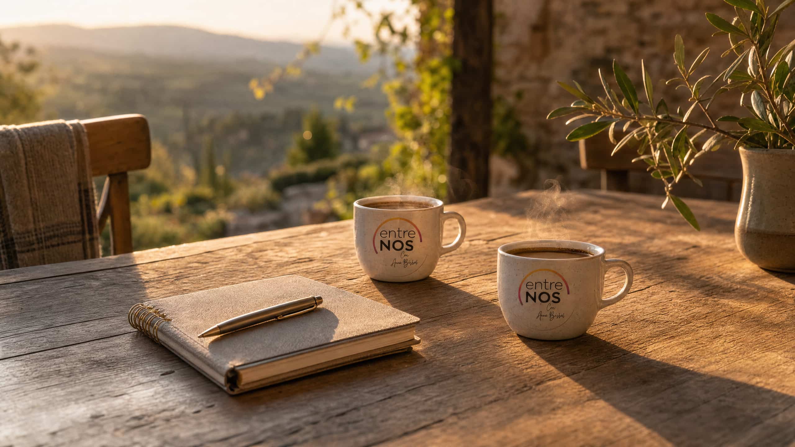 Mesa de Entre Nos: cuaderno, pluma y dos tazas con el logo frente al paisaje.